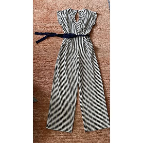 Monteau Navy Striped Short Sleeve Jumpsuit Romper w/Belt & Pockets Size XS - Picture 1 of 9